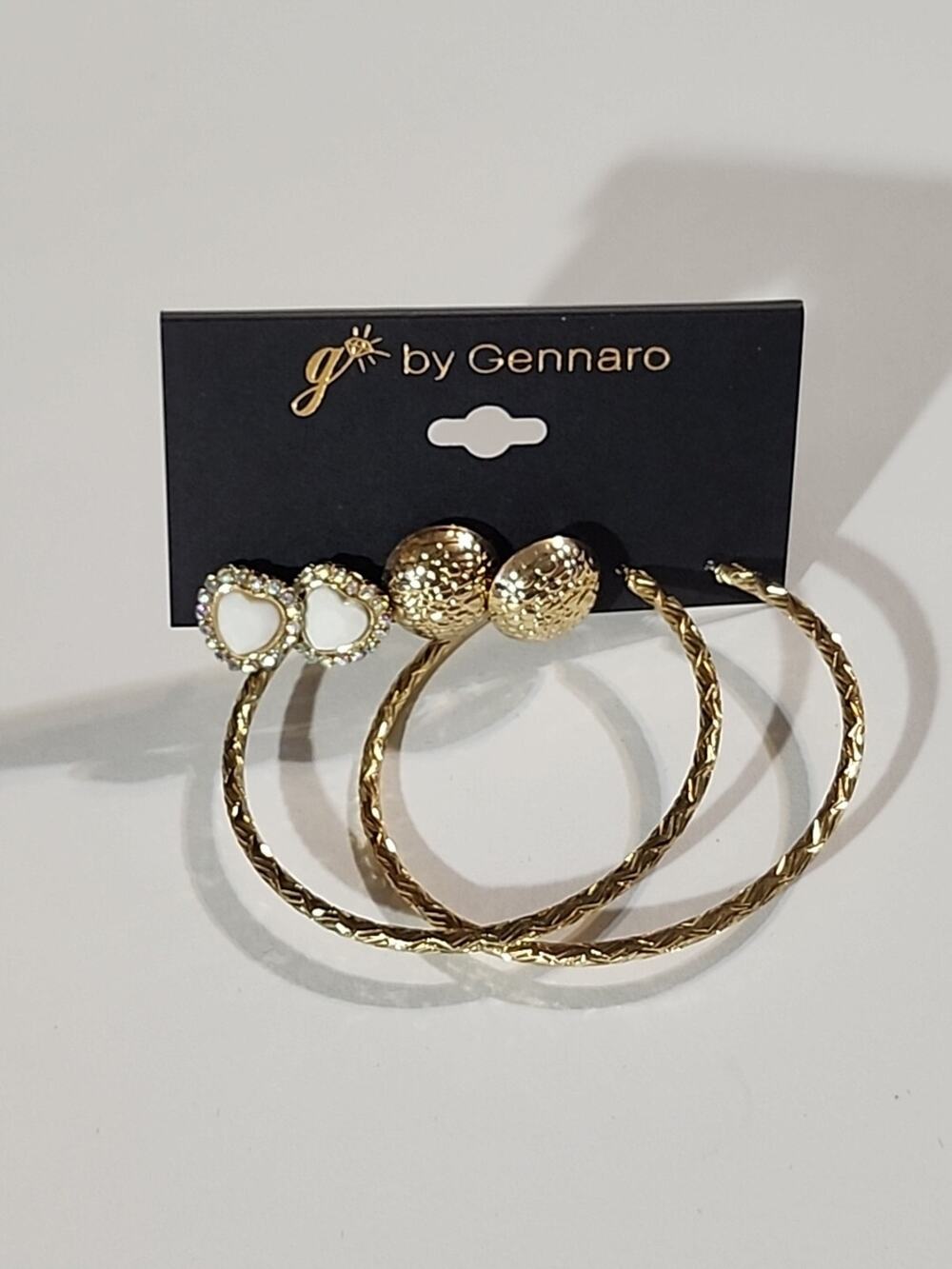 G by Gennaro Set of 3 Pairs Earrings White Heart Hoop Half Ball Gold